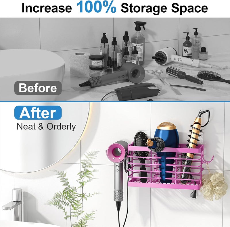 Sevenblue Hair Tool Organizer, 3-in-1 Universal Hair Dryer Holder, Adjustable Height Metal Blow Dryer Holder Wall Mounted/Over Cabinet Door/Free-Standing (Pink) - Image 4